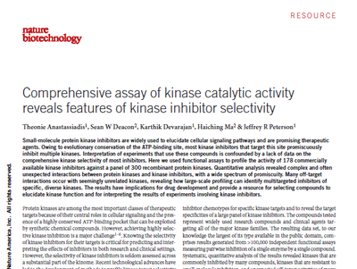 Thumbnail image of a publication about Kinase Inhibitor Screening published in Nature Biotechnology in 2011