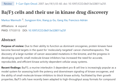 Ba/F3 cells and their use in kinase drug discovery. Current Opinion in Oncology, 2007 