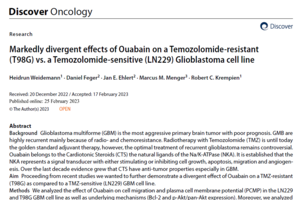 Markedly divergent effects of Ouabain on a Temozolomide‑resistant (T98G) vs. a Temozolomide‑sensitive (LN229) Glioblastoma cell line. Discover Oncology, 2023