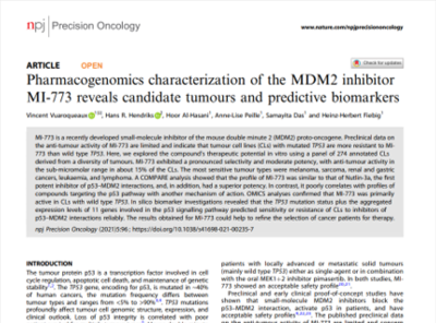 Pharmacogenomics characterization of the MDM2 inhibitor MI-773 reveals candidate tumours and predictive biomarkers. NPJ Precision Oncology, 2021 