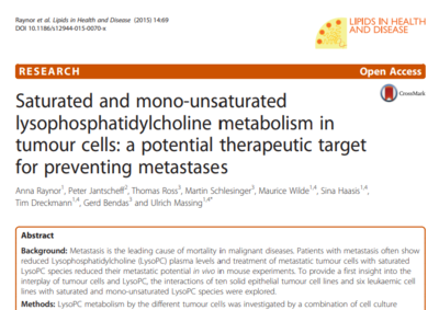 Saturated and mono-unsaturated lysophosphatidylcholine metabolism in tumour cells: a potential therapeutic target for preventing metastases. Lipids in Health and Disease, 2015 